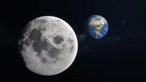 3D Render Close Up Moon And Show Up Earth World Planet Rotation On Galaxy Spa Ilustração Stock
