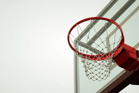3D render Close up view of red metal basketball hoop with sports net isolated on Stock Illustration