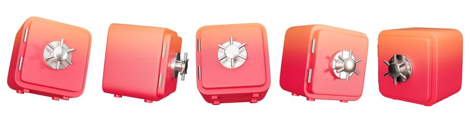 3d render closed cute red safe box isolated on white background. Various angl Stock Photos