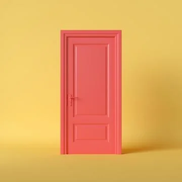 3d render, closed red classic door isolated on bright yellow background. イラスト素材