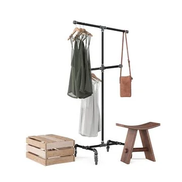 3D render of a clothing rack with clothes and benches against a white background 스톡 일러스트