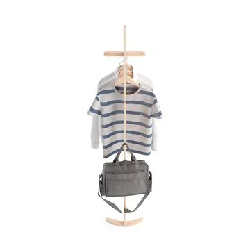 3D render of a clothing rack with clothes and a bag against a white background. 스톡 일러스트