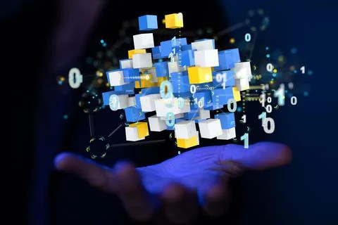 3D render of cloud data in boxes being manipulated by a person in a holographic Stock Photos