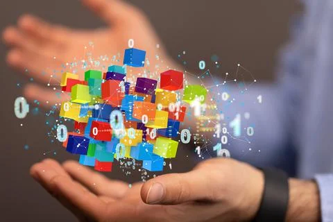 3D render of cloud data in boxes being manipulated by a person in a holographic Stock Photos