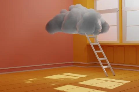 3d render of cloud that floating inside room with a white stair. Concept art. Stock Illustration