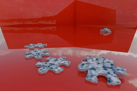3d render of cloud patterned jigsaw puzzle pieces with red platform Stock Illustration