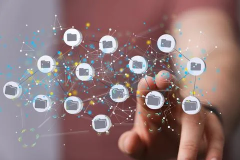 3D render of cloud storage icons floating in the air with a man holding two Foto stock