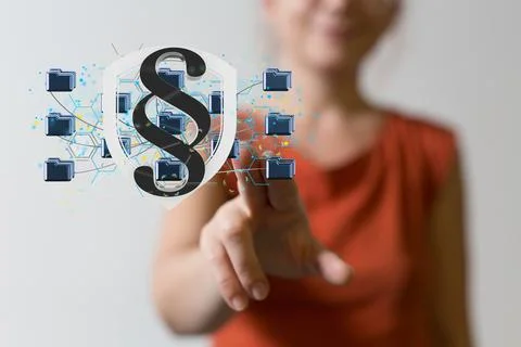 A 3D render of a cloud storage system floating in the air with a woman touchi Stock Photos