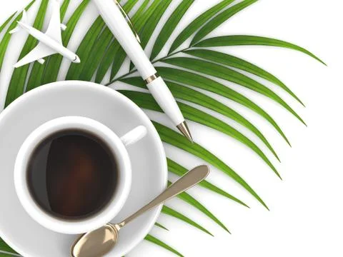 3d render of coffee and plane over palm leaf Fotos de archivo