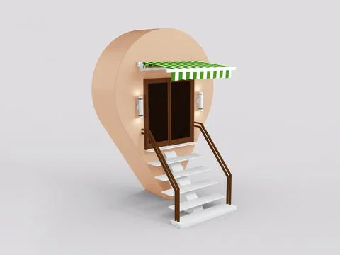 3d render of coffee shop with Green awning Map Location Sign on isolated gray Stock Illustration