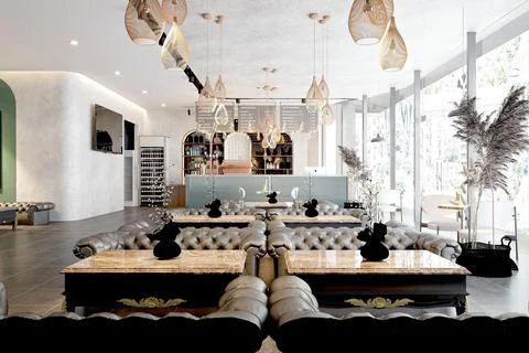 3D RENDER COFFEE SHOP RESTAURANT BAR INTERIOR Stock Illustration