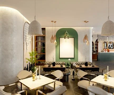 3D RENDER COFFEE SHOP RESTAURANT BAR INTERIOR Stock Illustration