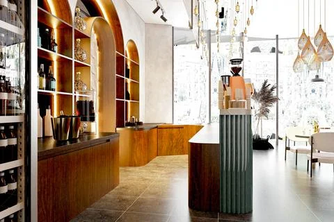 3D RENDER COFFEE SHOP RESTAURANT BAR INTERIOR Stock Illustration