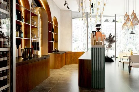 3D RENDER COFFEE SHOP RESTAURANT BAR INTERIOR Stock Illustration