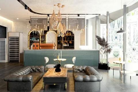3D RENDER COFFEE SHOP RESTAURANT BAR INTERIOR Stock Illustration
