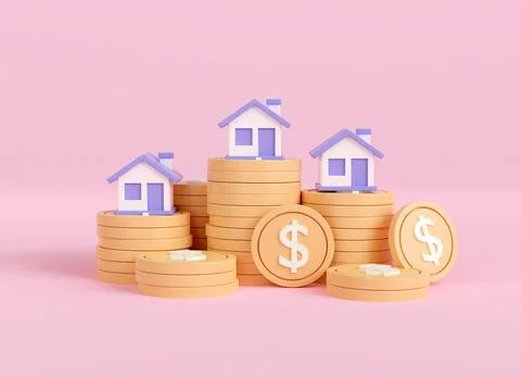 3d render coin stack and home. save money for buy house. Real estate loans .. Stock Illustration