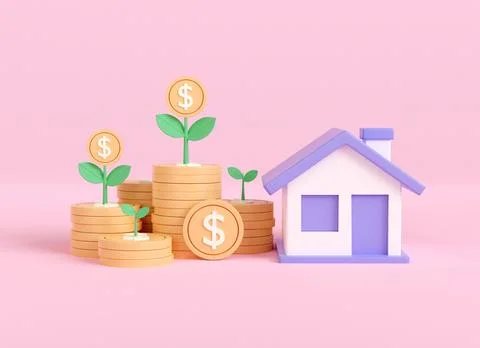3d render coin stack home and tree growth. save money for buy house. loans .. Stock Illustration