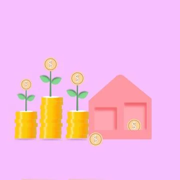 3d render coin stack home and tree growth. save money for buy house Illustrazione stock