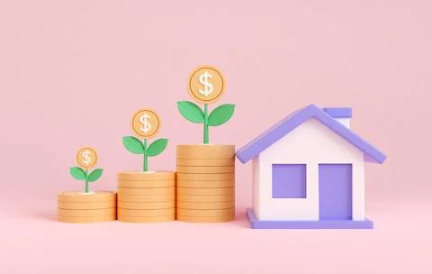 3d render coin stack tree growth and home. save money concept. Real estate .. Stock Illustration