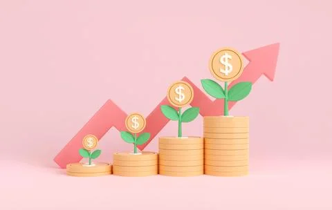 3d render coin stack with tree growth and graph arrow up. save money concept Stock Illustration