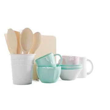 3D render of a collection of cups, spoons, and kitchen utensils Stock Photos
