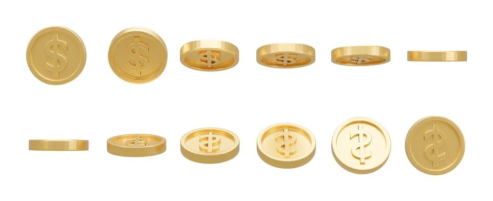 3D Render. Collection of dollar coins isolated on background in different pos Stock Illustration