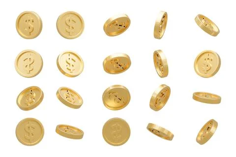 3D Render. Collection of dollar coins isolated on background in different pos Stock Illustration