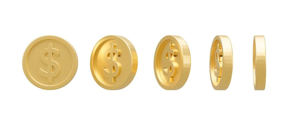 3D Render. Collection of dollar coins isolated on background in different pos Stock Illustration