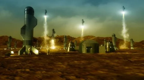 3d render. Colony of humans on a planet Stock Illustration