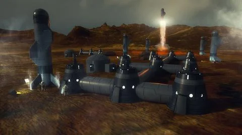 3d render. Colony of humans on a planet Stock Illustration