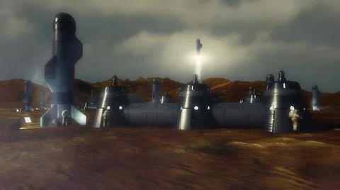 3d render. Colony of humans on a planet Stock Illustration