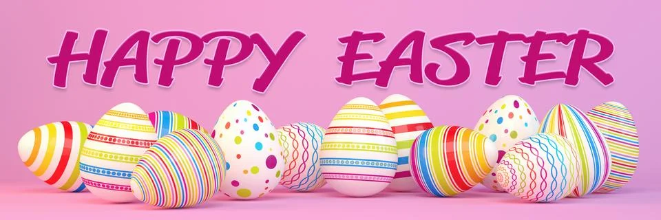 3d render - colorful easter eggs on a pink background Stock Illustration