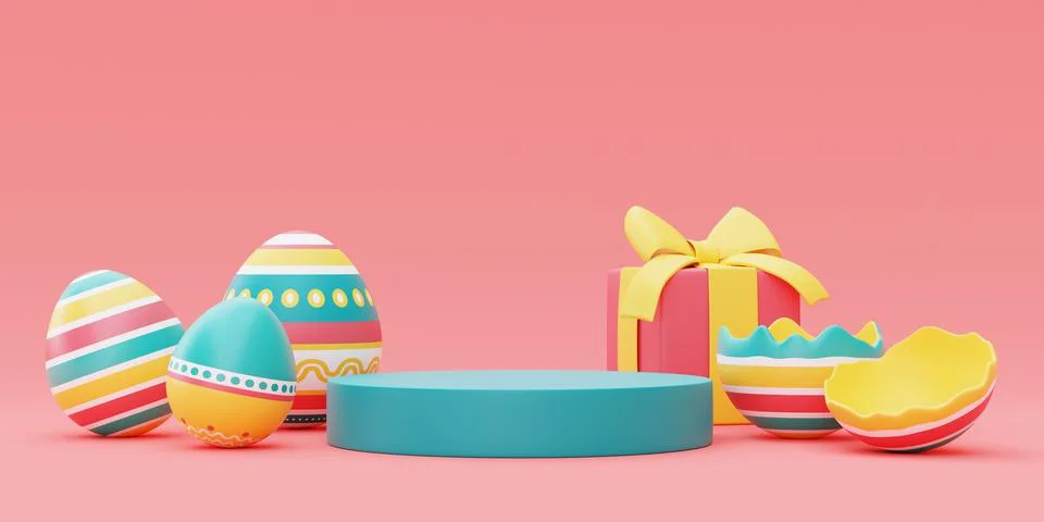 3d render of colorful easter eggs with podium,happy easter holiday concept.mi Stock Illustration