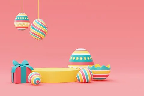 3d render of colorful easter eggs with podium,happy easter holiday concept.mi Stock Illustration