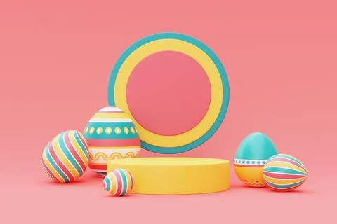 3d render of colorful easter eggs with podium,happy easter holiday concept.mi Stock Illustration