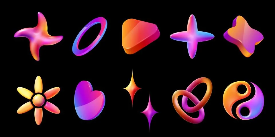 3d render colorful gradient glossy shapes set in y2k retro futuristic style Stock Illustration