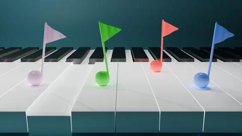 3d render of colorful musical notes and piano keyboard Illustrazione stock