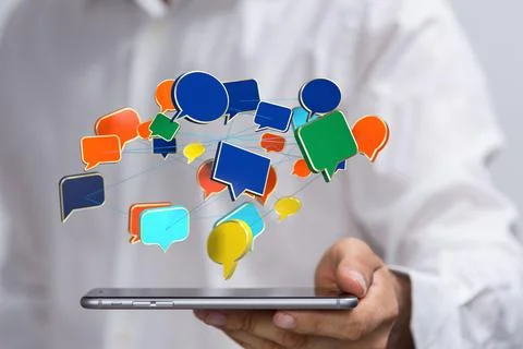 3D render of colorful Speech Bubbles near a tablet Illustrazione stock