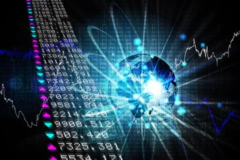 3D render is combining global data streams, colored arrows and line charts Stock Photos