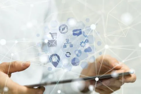 3d render of communication support service system on a tablet in human's hands 스톡 사진