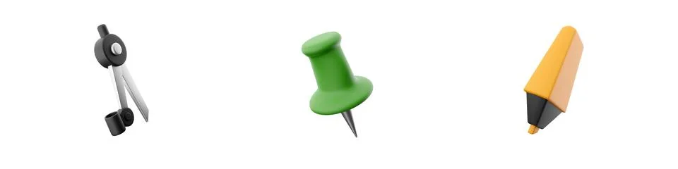 3d render compasses, pin, marker icon set on white background. 3d rendering Stock Illustration