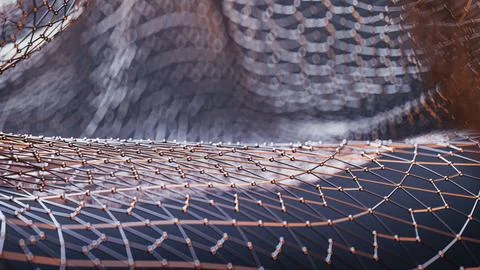 3D render of complex wireframe structure with glowing orange and blue highlights 库存插图