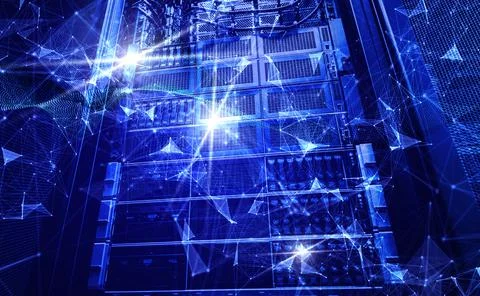 3D render Composite image of a luminous cloud and connecting lines against the Stock Illustration