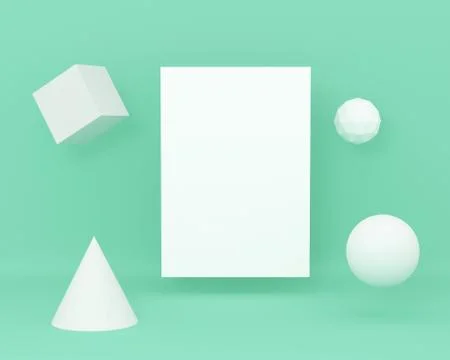 3d render composition with geometric elements, Paper A4 on green colour paste Stock Illustration