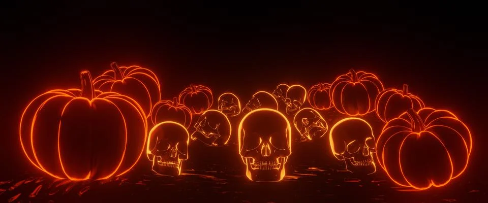 3D render composition of neon pumpkins and skulls on a dark background. Stock Illustration