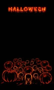 3D render composition of neon pumpkins and skulls on a dark background. Stock Illustration