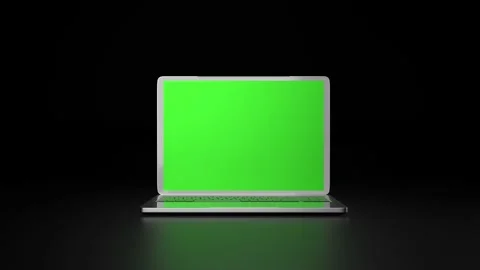 3D render comptuer laptop mockup displaying green screen sitting isolated dark Video stock 317330607