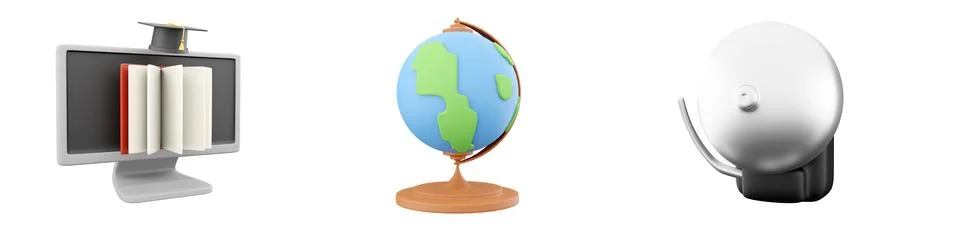 3d render computer, book, globe, bell icon set on white background. 3d rendering Stock Illustration