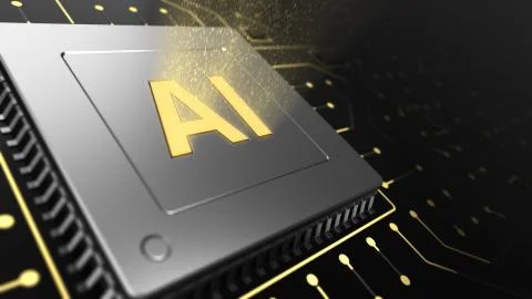 3d render of computer chip over circuit background with AI sign. Stock Illustration
