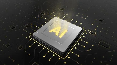 3d render of computer chip over circuit background with AI sign. Stock Illustration